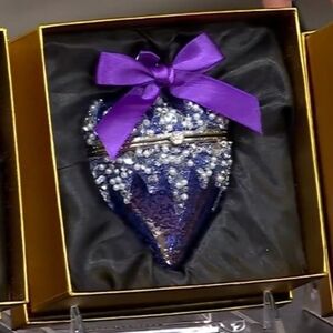 Elegant Purple Mercury Glass Heart Ornament With Pearls & Bling Opens W/ Box